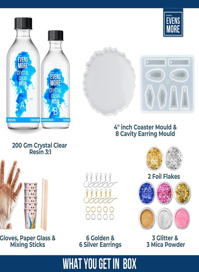EVENS MORE DIY Resin Earring & Coaster Making Kit - 200g Crystal Clear Resin Set with Silicone Molds, Glitter, Foil, Mica Powder & Jewelry Accessories - Image 2